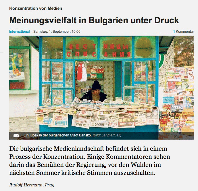 Neue Zürcher Zeitung цитира Биволъ в материал за концентрацията на медии в България