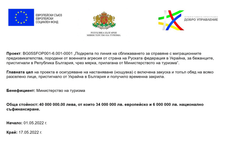Проект „Подкрепа по линия на сближаването за справяне с миграционните предизвикателства, породени от военната агресия от страна на Руската федерация в Украйна, за бежанците, пристигнали в Република България, чрез мярка, прилагана от Министерството на тури