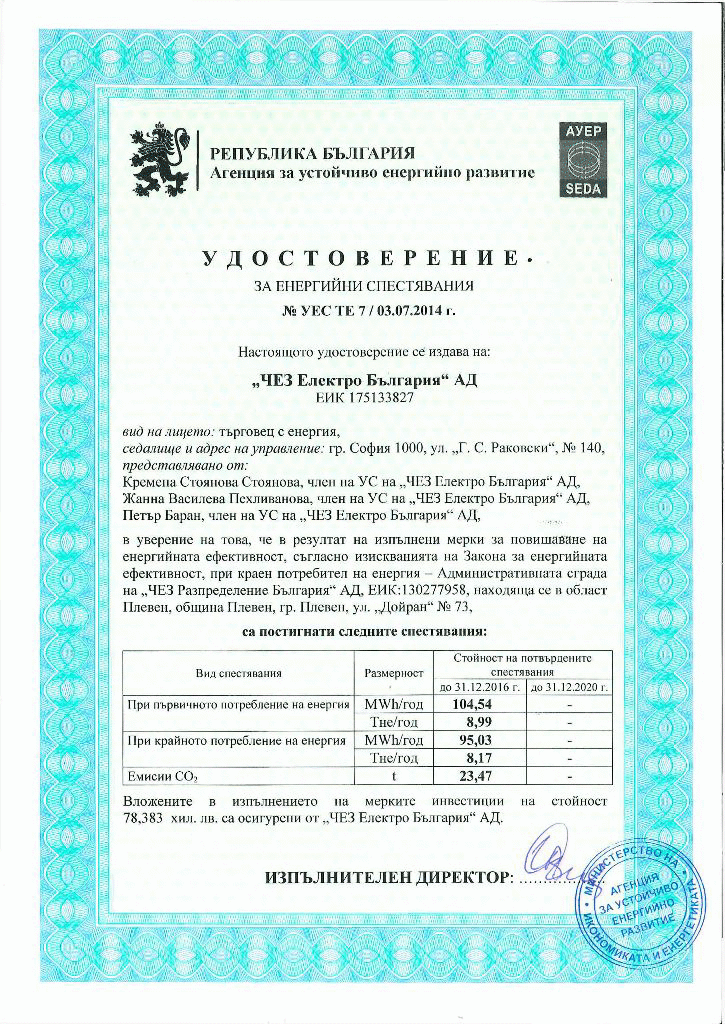 ЧЕЗ Електро е първото електроснабдително дружество с удостоверение за енергийни спестявания