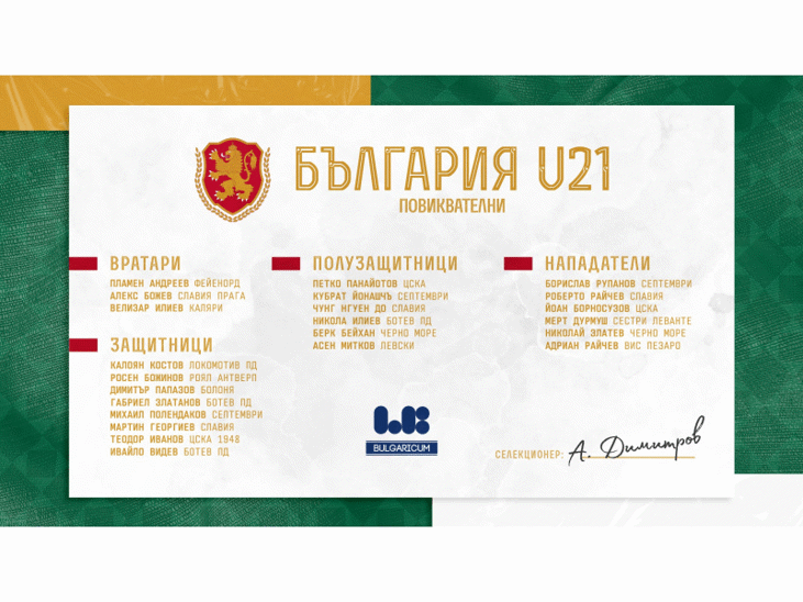 Групата на България U21 за приятелските мачове със Сърбия и Израел